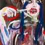 Ich kann keine Texte in dem Kunstwerk erkennen. Es zeigt eine Figur mit blauen Haaren, die mit einer Schere geschnitten werden., CD