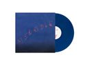 Der Text „MELODIE“ aus roten Linien. Dunkelblaues Cover und blaue Vinyl-Schallplatte.