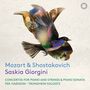 "Mozart & Shostakovich, Saskia Giorgini, Concertos for Piano and Strings & Piano Sonata, Per Ivarsson, Trondheim Soloists."  
Eine künstlerische Collage mit Vogelmotiv., CD