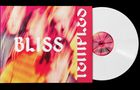 Text: "BLISS", "Temples". Verschwommene, bunte Illustration mit rotem, gelbem und schwarzem Hintergrund. Weiße Vinyl-Schallplatte., LP