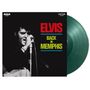 "ELVIS BACK IN MEMPHIS" steht in leuchtenden Farben vor einem Schwarzweiß-Bild eines Mannes mit Mikrofon.