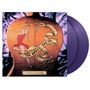 "The Naked Truth", "Golden Earring" auf einer Gitarre; Illustration einer Frau in Rot mit Banner. Zwei lilafarbene Schallplatten., 2 LPs