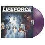 "LIFEFORCE, Original Sound Track". Illustration: Astronauten und Menschen in Kristallen, violette Schallplatte.