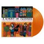 "A Night in Tunisia", Art Blakey's Jazz Messengers. Illustration mit bunten Stadtmotiven und Menschen, orangefarbene Vinylschallplatte.