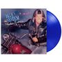 Text: "Blue System, Hello America". Illustration eines Mannes auf einem Motorrad mit blauem Vinyl-Schallplattenhintergrund., LP