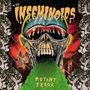 "The Insemnoids" oben, "Mutant Ferox" unten. Eine groteske, alienartige Kreatur speit grüne Flüssigkeit., LP