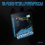 Text: "S.COUPS × MINGYU 1ST MINI ALBUM: HYPE VIBES KIT Ver." Schwarze Box, blaues grafisches Design, dynamisches Layout., KiT Album