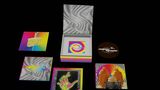 Text: "super space", rundes Logo. Bunte Illustrationen: ein Käse, eine Hand, Mönche mit Käse, bunte Spiralen., KiT Album