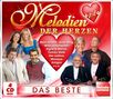 "Melodien der Herzen", Künstlernamen in Herzform, CD-Box "Das Beste". Fotos von Musikern vor rotem Hintergrund mit Herzen., 4 CDs