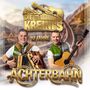 Die Worte „DIE KREINI'S, 10 JAHRE, ACHTERBAHN“. Zwei lächelnde Männer in Tracht mit Instrumenten, Achterbahn im Hintergrund., CD