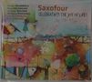 Text: "Saxofour CELEBRATING THE joy OF LIFE!" und Namen von Musikern. 
Illustration: Bunte, abstrakte Landschaft mit Formen und Mustern., CD