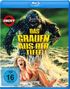 "Das Grauen aus der Tiefe" in gelber Schrift mit Monster und Frau in Panik am Strand. "Uncut" in rotem Logo, FSK 16 Symbol.