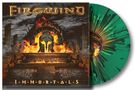 "FIREWIND" und "IMMORTALS" in goldener Schrift, Feuer und Flammen umgeben antike Helmskulptur, grün-schwarze Schallplatte., LP