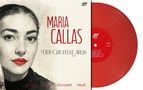 "Maria Callas: Her Greatest Arias", Illustration einer Frau neben rotem Vinyl, Text: Puccini, Bellini, Donizetti, Verdi., LP