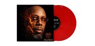 Text: "Dragons Breath". Ein Gesicht mit feurigen Effekten links, zwei rote Schallplatten rechts., 2 LPs
