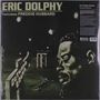"Eric Dolphy", "Featuring Freddie Hubbard", Illustration mit Saxophon und strukturiertem Gesicht im Vordergrund., LP