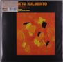 GETZ / GILBERTO, featuring Antonio Carlos Jobim. Abstrakte Illustration in Orange- und Gelbtönen mit schwarzen Akzenten., LP
