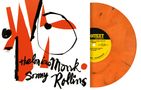 "Thelonius Monk, Sonny Rollins" in stilisierter Schrift, orange-schwarz-weißes Design mit Schallplatte., LP