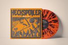 HECKSPÜLER, BOCK AUF STRESS; orangene Schallplatte mit schwarzen Sprenkeln, Cover mit grauen Silhouetten von Menschen., LP