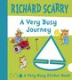 Text: "RICHARD SCARRY, A Very Busy Journey, A Very Busy Sticker Book". Illustration mit Tieren und Traktor.