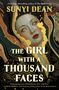 "THE GIRL WITH A THOUSAND FACES" von Sunyi Dean. Illustrierte Frau mit geschlossenen Augen, umgeben von goldenen Mustern., Buch
