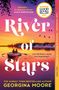 "River of Stars", Zitat: "Can first love have a second chance?". Boot auf See bei Sonnenuntergang, rosa und lila Himmel., Buch
