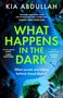 Ein Buchcover mit dem Titel "What Happens in the Dark", umgeben von dunklen Häusern, Straßen und Bäumen aus der Vogelperspektive.