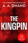 Text: THE SUNDAY TIMES BESTSELLER, A. A. DHAND, THE KINGPIN. Rotes Cover mit großer Schachfigur im Hintergrund.