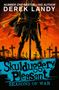"Derek Landy. Skulduggery Pleasant: Seasons of War." Illustration: Silhouette mit Schwert auf einem Feld voller Kreuze., Buch