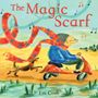 "The Magic Scarf" und "Em Cosh": Eine fröhliche Illustration zeigt eine Person auf einem Roller mit einem flatternden, magischen Schal. Ein Hund begleitet sie., Buch