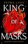 KING OF MASKS. Allies fall. A king ascends. Rotes Gesicht mit Bergen, Pagoden; schwimmende Vögel im Hintergrund.