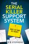 Text: "THE SERIAL KILLER SUPPORT SYSTEM." Gelber Zettel: "DON'T GET MAD. GET DEADLY." Rote Fäden, blauer Hintergrund., Buch