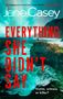 Text: "EVERYTHING SHE DIDN'T SAY" und "Victim, witness or killer?" Ozean und Klippen mit einer Person oben.
