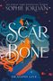 Text: "A Scar in the Bone" von Sophie Jordan, "Dragons Live". Silhouette eines Gesichts mit fliegendem Drachen.