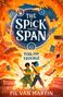 "The Spick and the Span," "Toil and Trouble," "Pil Van Martin", Illustration mit Drache, Einhorn, Büchern, zwei Figuren mit Besen., Buch