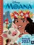 "Disney Moana, Annual 2027." Illustration: Eine lächelnde Figur mit Blumenkopfschmuck, ein Schwein und ein Huhn am Strand., Buch