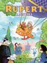 "THE RUPERT ANNUAL" ist oben in großen Buchstaben geschrieben. Eine Illustration zeigt einen Bären im Ballon, Mädchen und Tiere.