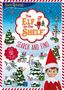 "The Elf on the Shelf: Search and Find" zeigt weihnachtliche Szene mit Elf, Schneemann, Bäumen und Geschenken., Buch