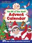 "The Elf on the Shelf Advent Calendar" in großen Buchstaben. Fröhliche Elfen in roten Outfits, ein geschmückter Baum und Geschenke., Buch