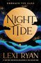 "Embrace the Dark" steht oben, darunter "Night Tide". Am unteren Rand "Lexi Ryan". Goldene Kugel, blaue Wellen, Sterne.