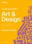 Text: "Cambridge IGCSE™ Art & Design Teacher's Guide." Gelber Hintergrund, violette geometrische Formen rechts., Buch