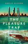 Buchtitel: "The Pleasure Trap" von Emelie Olsson. Silhouette am Pool, tauchende Person im Wasser, Palmen im Hintergrund.