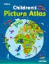 "Children's Picture Atlas" in großen Buchstaben, bunte Illustration einer Weltkugel voller Tiere und Landschaften., Buch