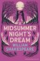 Text: "A MIDSUMMER NIGHT'S DREAM, WILLIAM SHAKESPEARE, SUPER-READABLE EDITION." Szene mit zwei Figuren und Feen unter Bäumen.