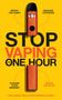 "STOP VAPING IN ONE HOUR" mit Aussagen: Gewohnheit ändern, Verlangen kontrollieren, umgeben von gelbem Hintergrund., Buch