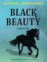 Text: Michael Morpurgo, Black Beauty, A Retelling. Illustration eines schwarzen Pferdes auf grün-blauem Hintergrund.