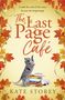 Text: "Could the end of the story be just the beginning? The Last Page Café. Kate Storey." Eine graue Katze spielt mit Büchern. Herbstblätter.