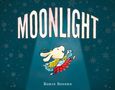„MOONLIGHT“ in großen Buchstaben. Ein springender Hase mit buntem Schal und Rock vor einem blauen Hintergrund mit Schneeflocken., Buch