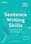 „Sentence Writing Skills: Reception and Key Stage 1“ in weißem Text auf türkisfarbenem Hintergrund. Verspielte Zeichnungen., Buch