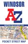 Text: WINDSOR A-Z MAPPING THE UK SINCE 1936 POCKET STREET MAP. Unterer Teil zeigt einen kartierten Stadtplan.